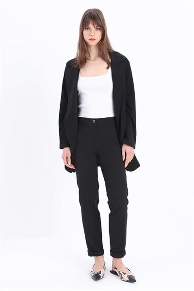 Black-Cotton Double Leg Slim Cut Trousers