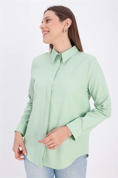 Water Green-Cotton Hidden Placket Shirt