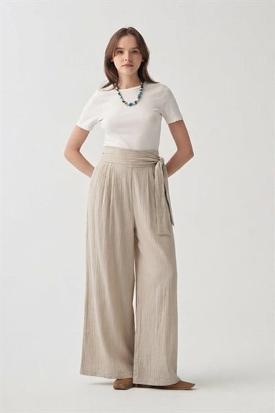 Stone-Waist Tie Detail Muslin Pants