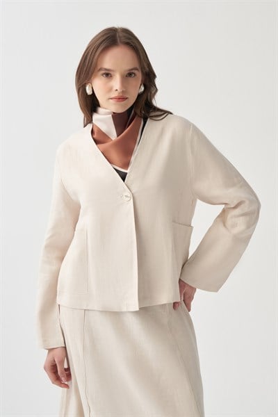 Taş-Cep Detaylı Keten Ceket