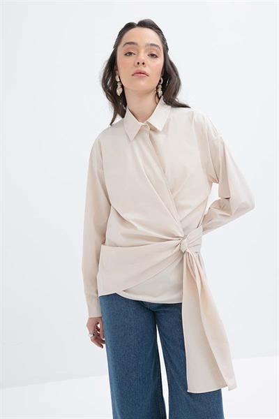 Stone-Viscose Shirt Tunic With Waist Ties