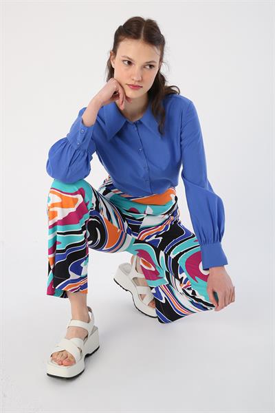 Turquoise-Orange-Spanish Patterned Viscose Trousers with Elastic Waist