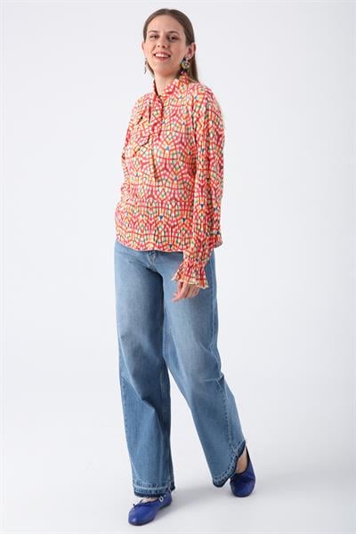 Orange-Ecru-Crepe Blouse with Collar Tie Detail