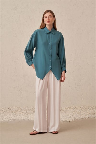 Yeşil-Balon Kollu Oversize Gömlek