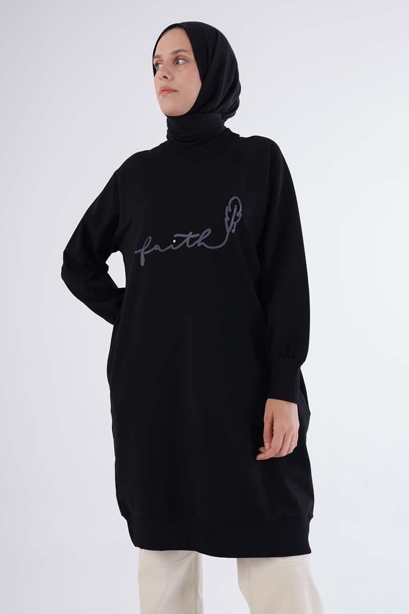 ダイエットフード shop tielu Siyah-Faıth Yazılı Nakışlı Sweat Tunik | ALLDAY