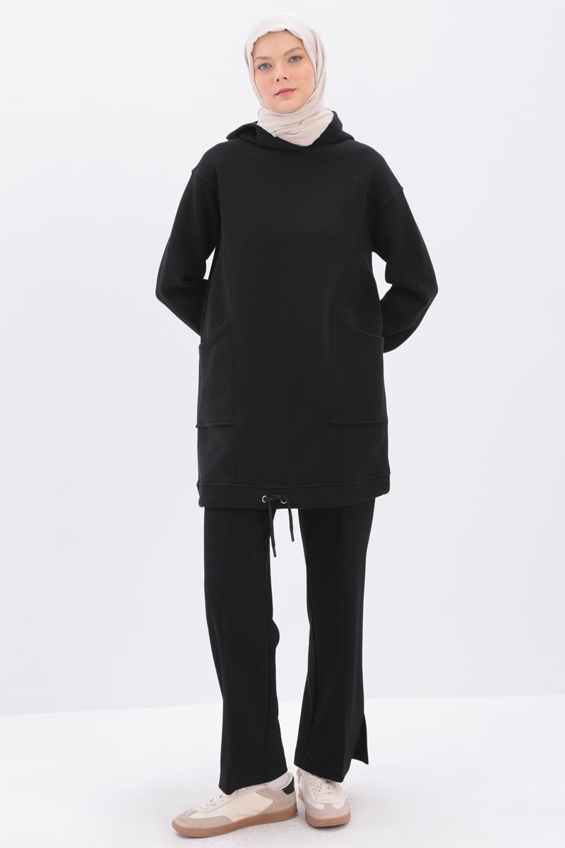 Siyah-Kulplu Kapüşonlu Sweat Tunik | ALLDAY