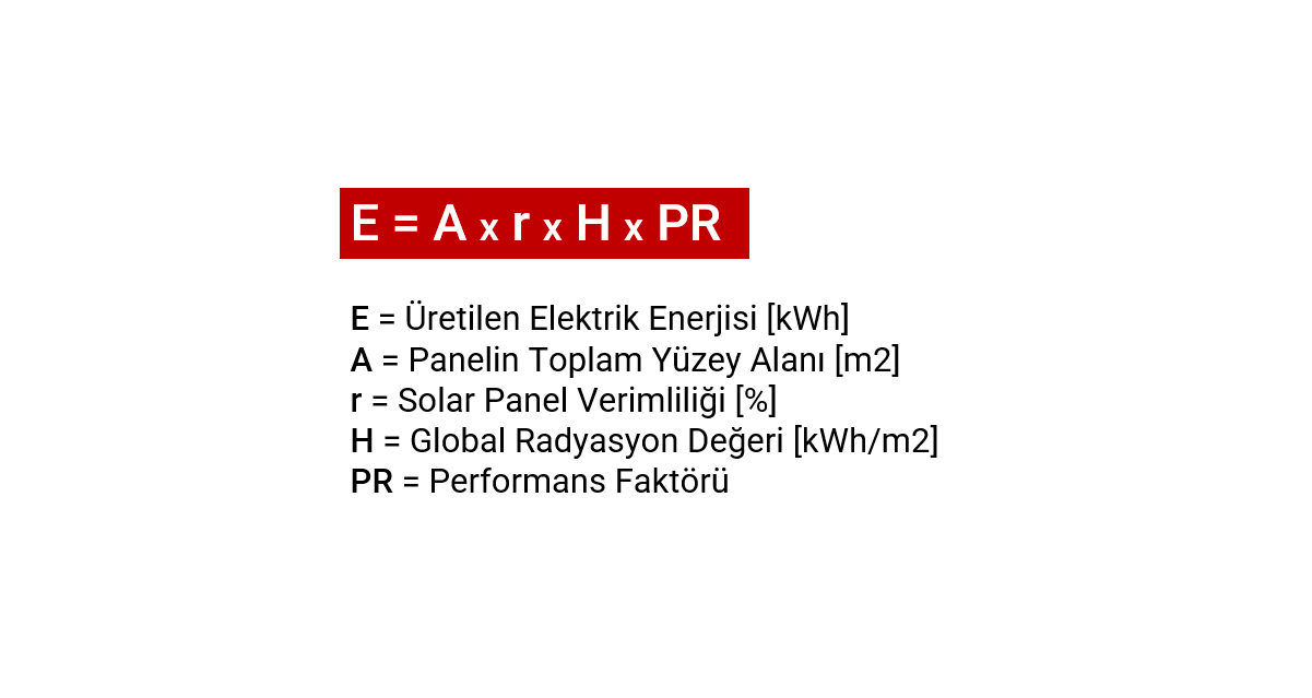 Güneş Paneli Yıllık Elektrik Üretimi Hesaplama Formülü — E = A x r x H x PR