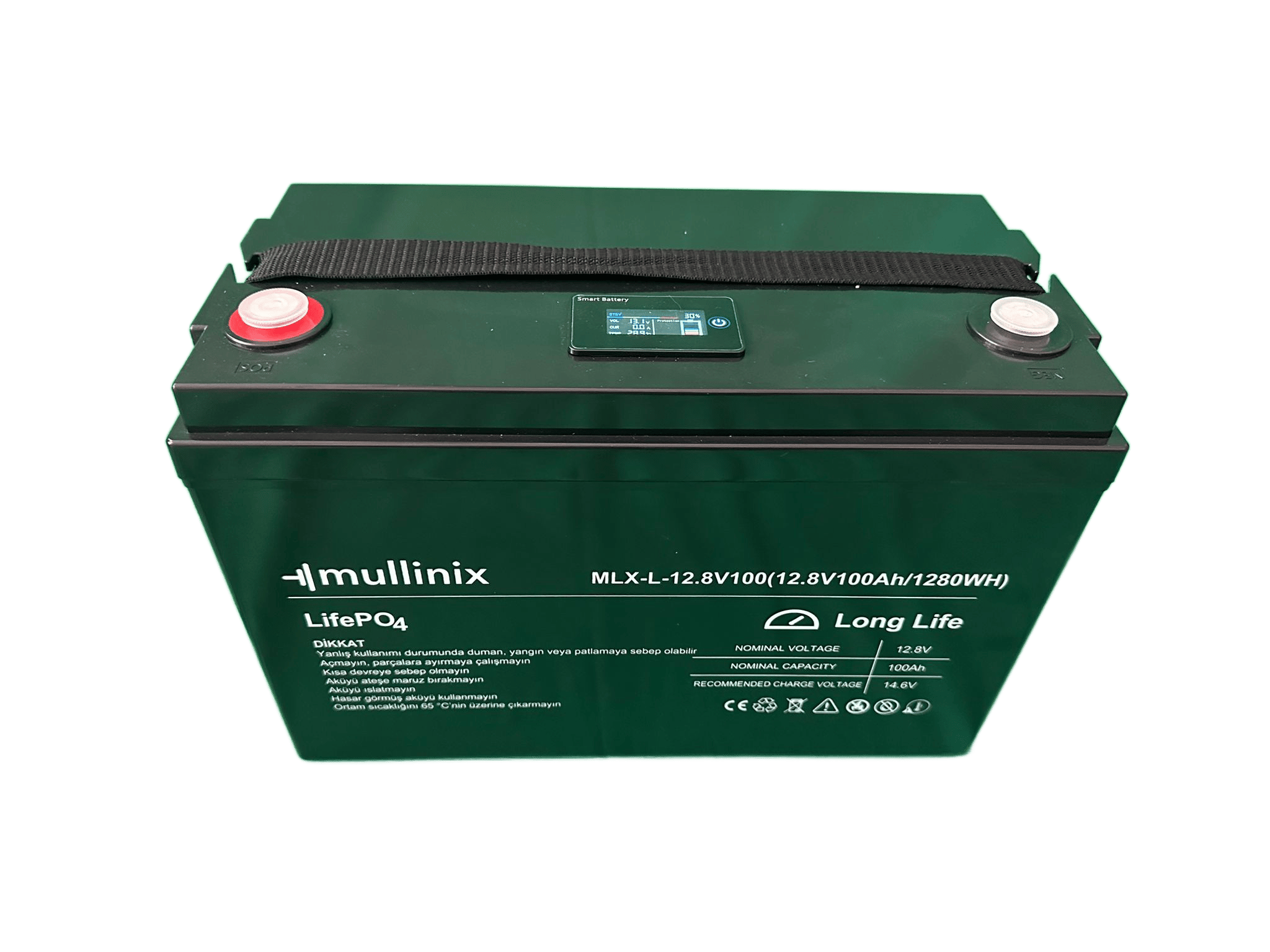 Mullinix 12.8V 100Ah LiFePO4 Akü LCD Ekranlı — BMS Korumalı Solar ve Karavan Aküsü