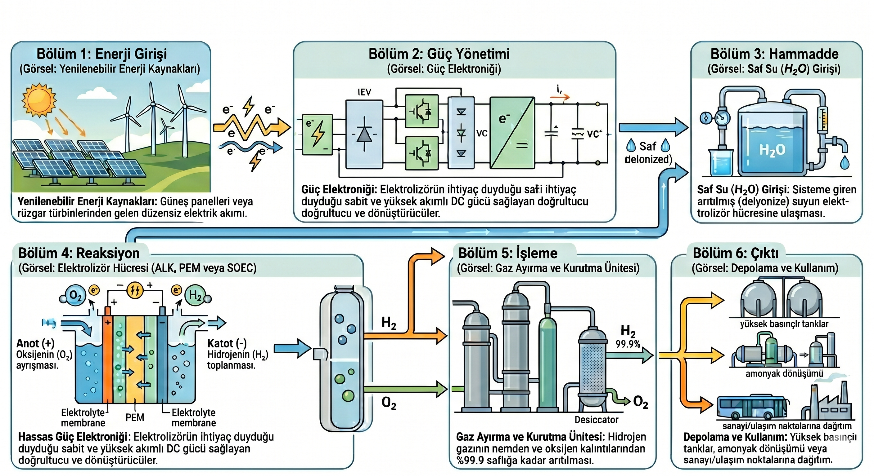 Yeşil Hidrojen Üretim Süreci — Güneş ve Rüzgar Enerjisiyle Elektroliz Akış Şeması