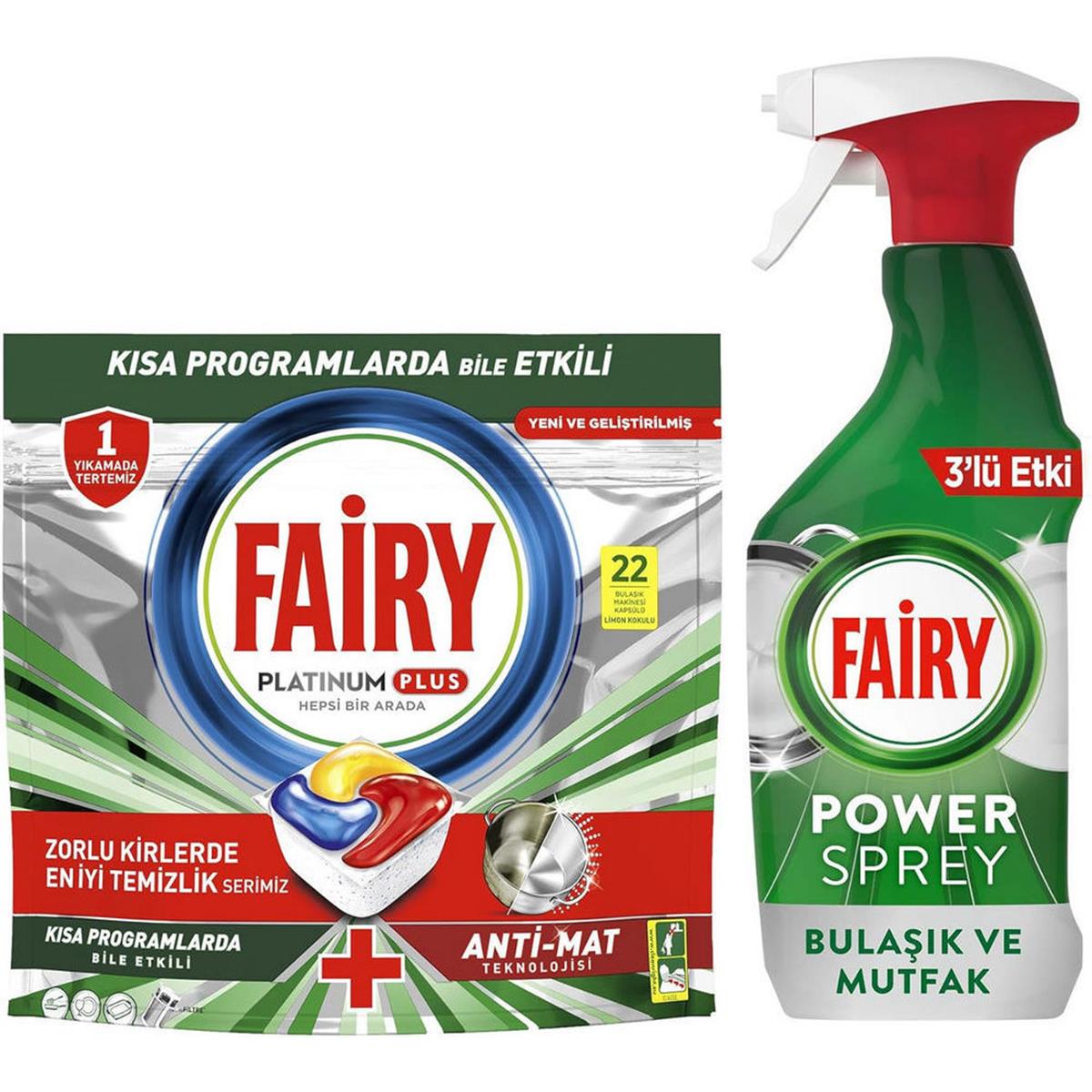 Fairy Platinum Plus 22 Yıkama Bulaşık Makinesi Kapsülü + 500 Ml. Bulaşık ve Mutfak 3’ü 1 Arada Power Sprey (80733856)