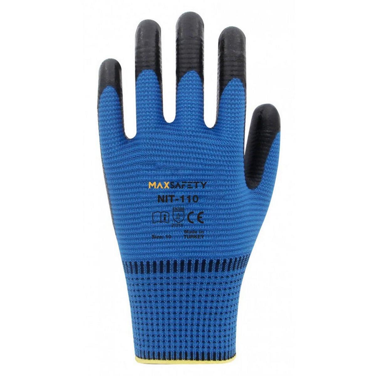 Max Safety Mavi Siyah 10 Numara Tırtıklı Polyester Nitril İş Eldiveni (MAXSAFETY.NIT-110-10)