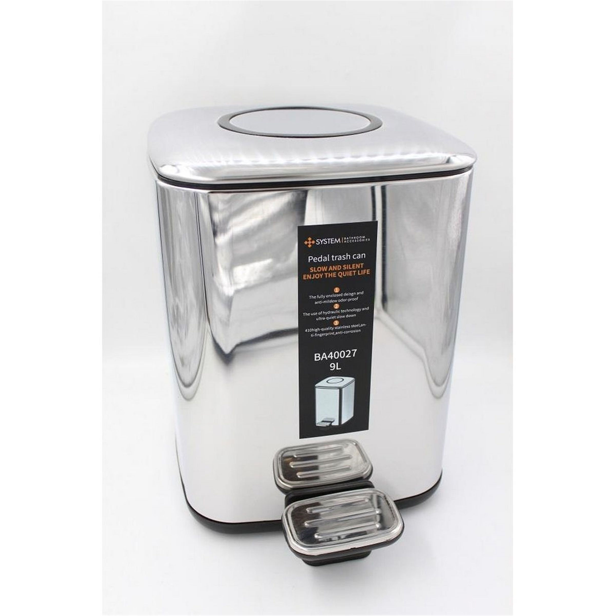 System Parlak Nikel 9 Litre Pedallı Çöp Kovası (BA4027 034 PN)