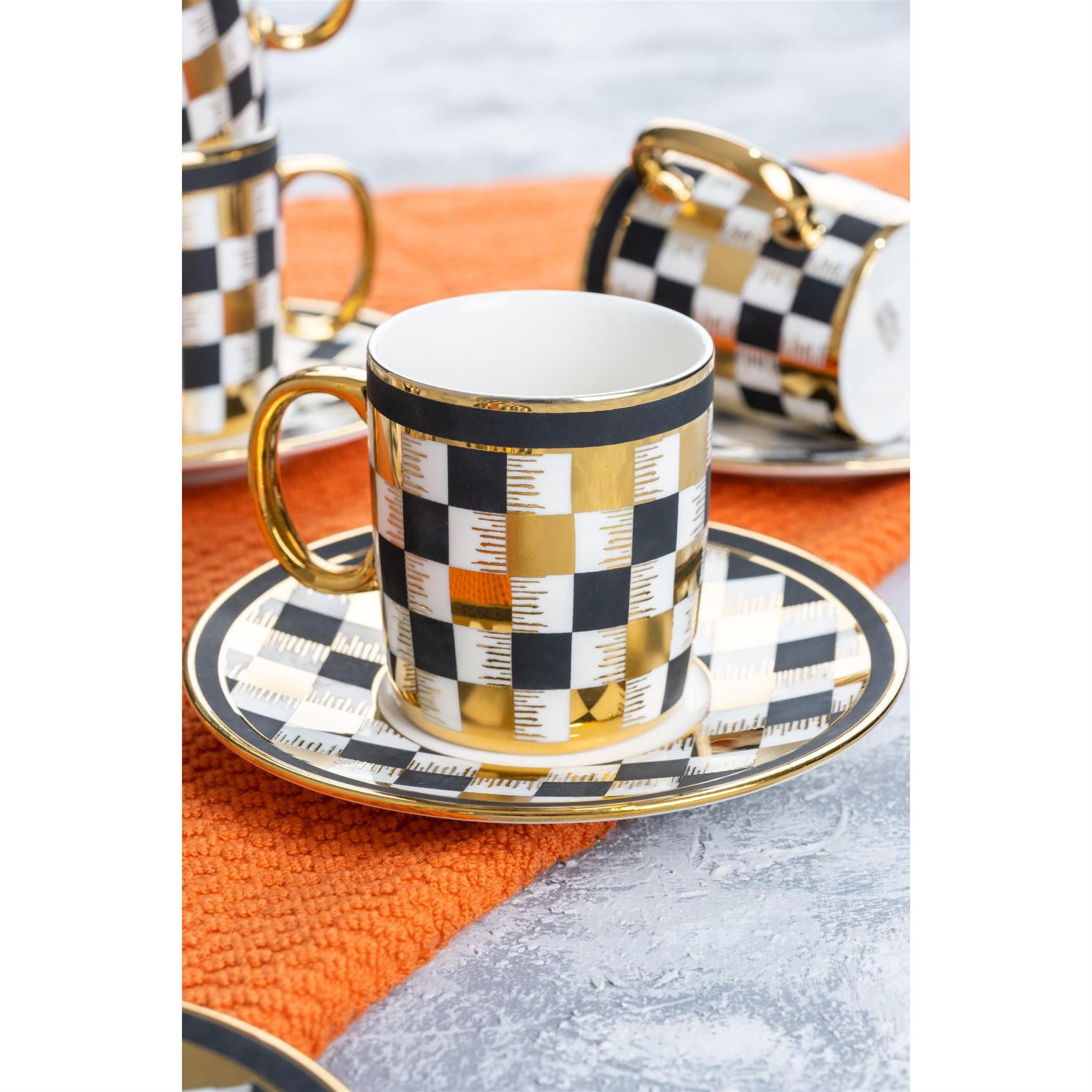 ACAR Siyah Beyaz Gold Damalı Markei 6 Kişilik 12 Parça Kahve Fincanı Takımı  (HXF-22-0228/12) | Afeks Yapı Market