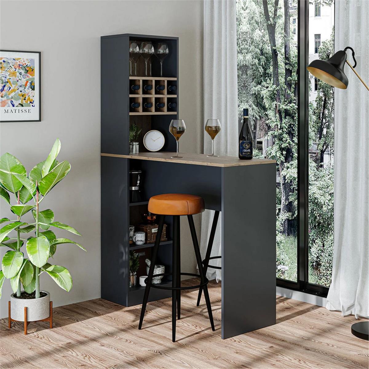 Room Art Atlas Çam Antrasit Dublin Raflı Bar Masası (RoomArt.2771)