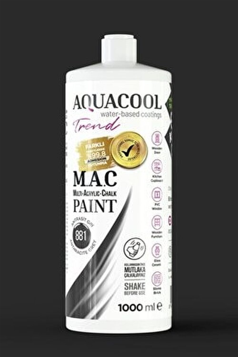Aqua Cool Antrasit Gri 1000 Ml. Trend Mac Hobi Boyası (T-0881/1,00)
