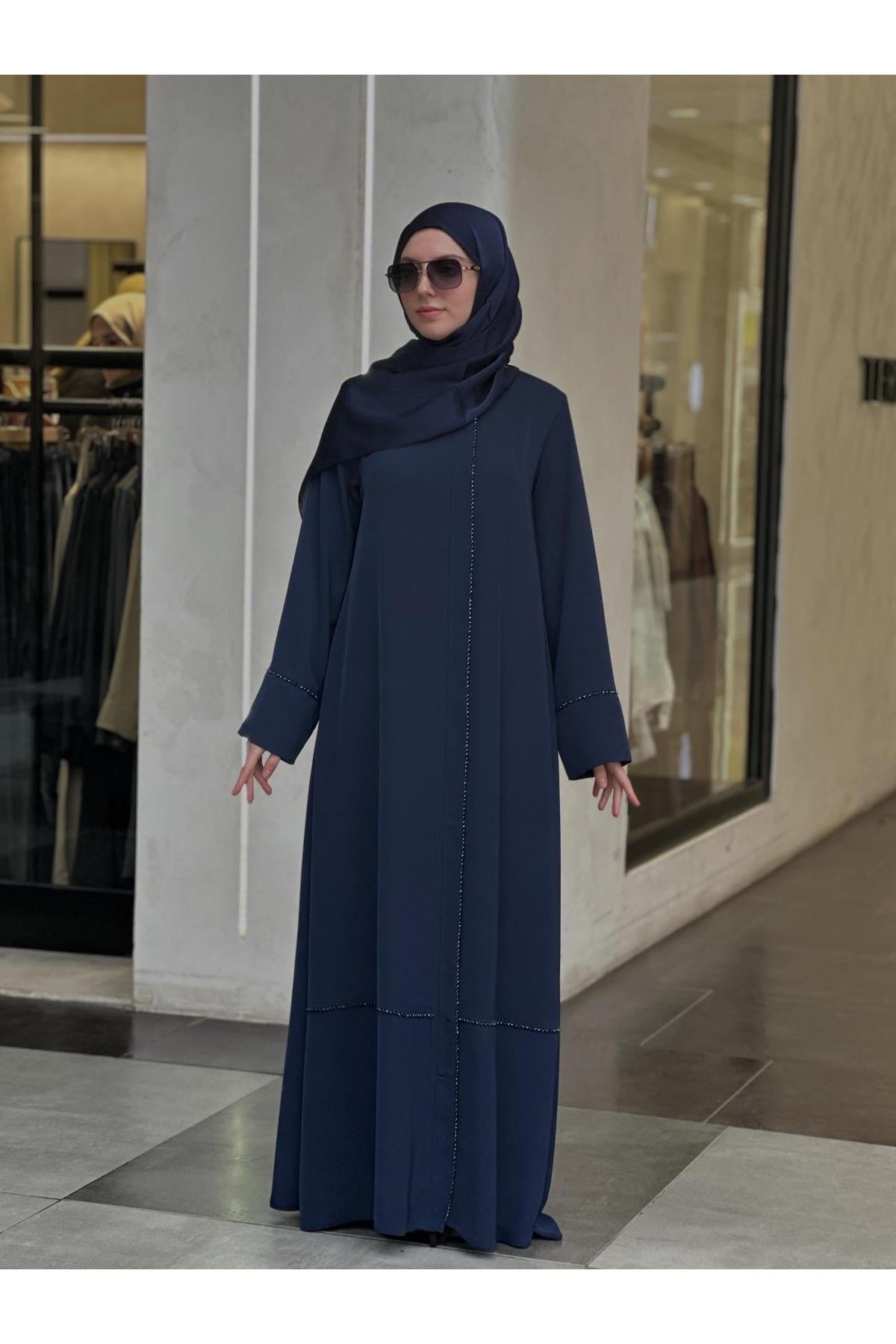 ✨ Liora Taş Detaylı Ferace Şal Takım – Lacivert ✨