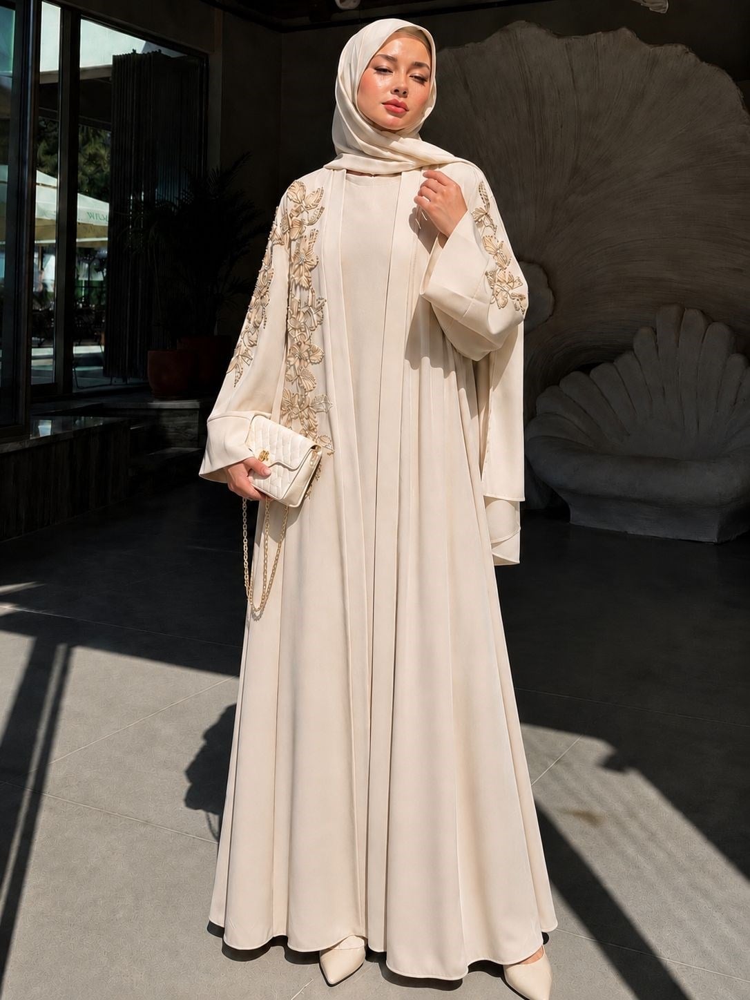 Abraham Saten Nakış Detaylı Abaya Elbise