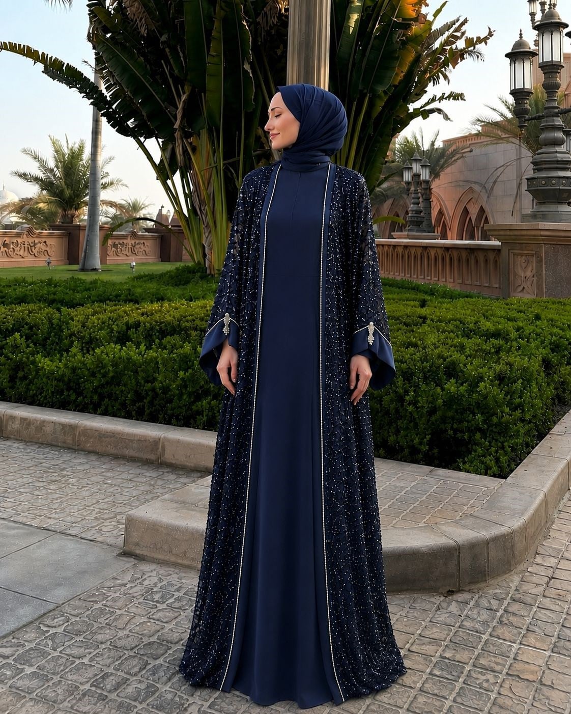 Abraham Saten Payet İşlemeli Özel Tasarım Abaya