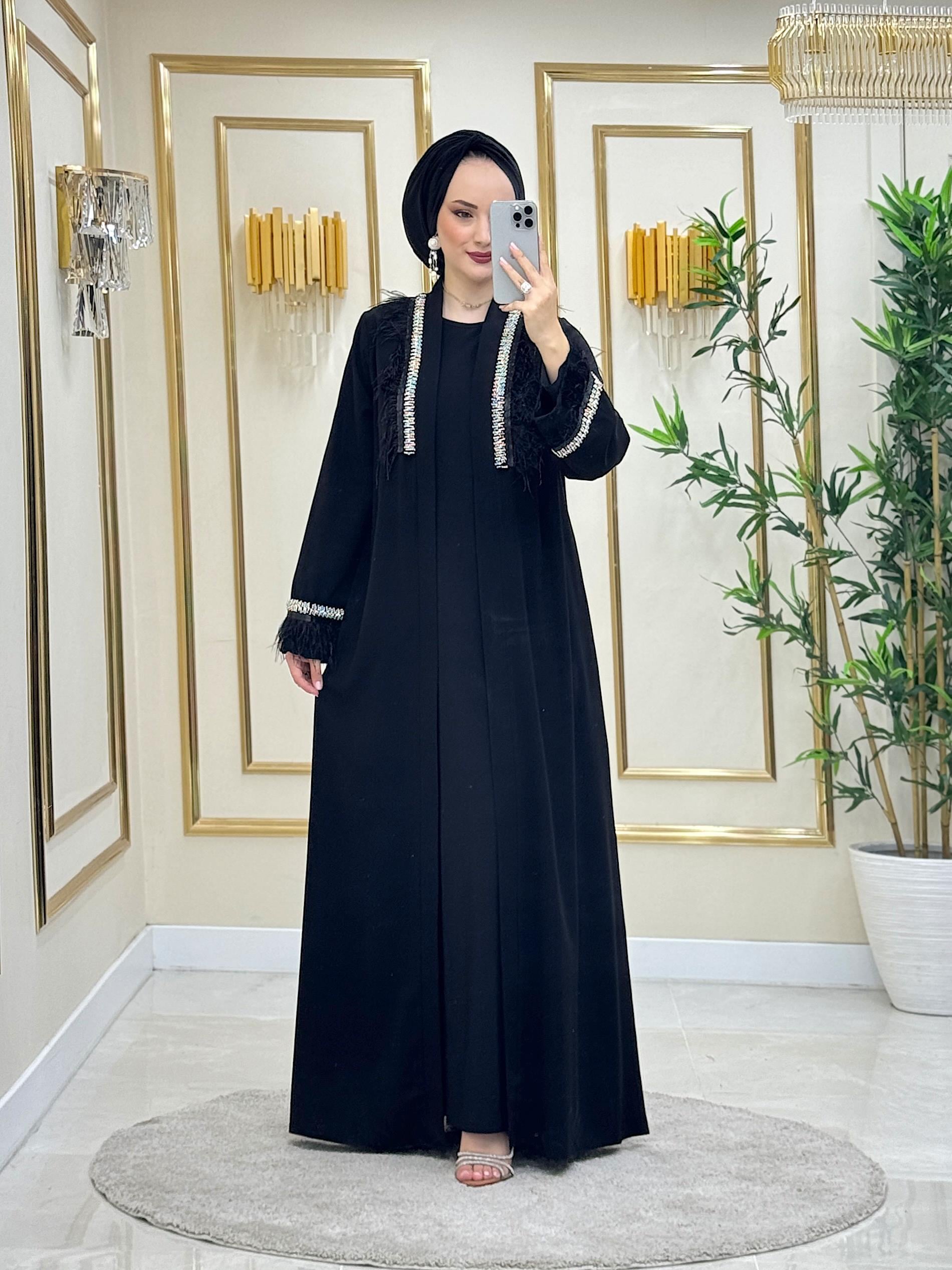 Tüylü Abaya Takım Siyah