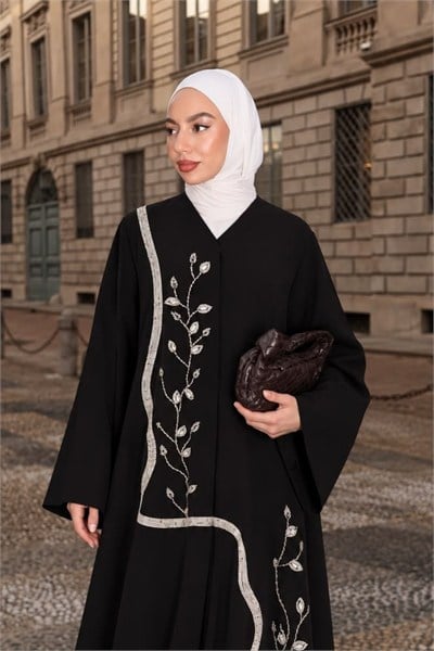 Crep Kumaş Özel Baskı Yaprak Taş İşleme Siyah Abaya