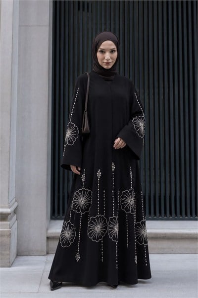Crep Kumaş Özel Tasarım Çiçek Taş İşleme Siyah Abaya