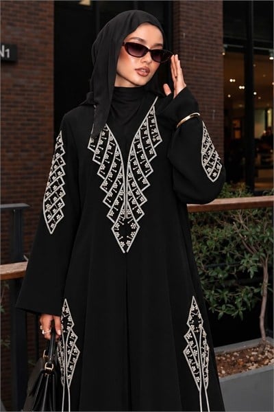 Crep Kumaş Özel Tasarım Gümüş Taş İşleme Siyah Abaya