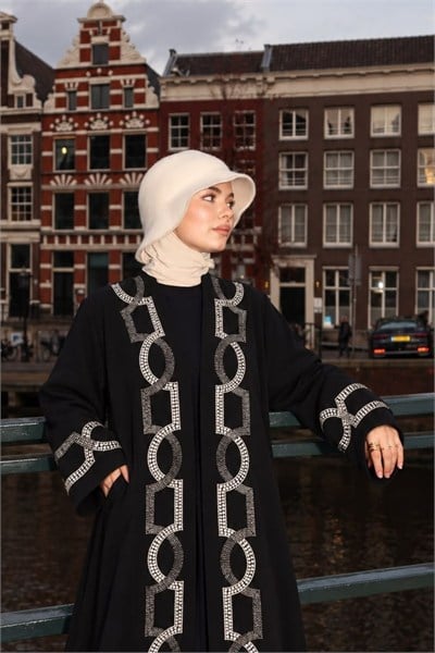 Crep Kumaş Özel Tasarım Kare  Taş İşleme Siyah Abaya