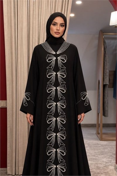 Crep Kumaş Özel Tasarım Kurdela Taş İşleme Siyah Abaya