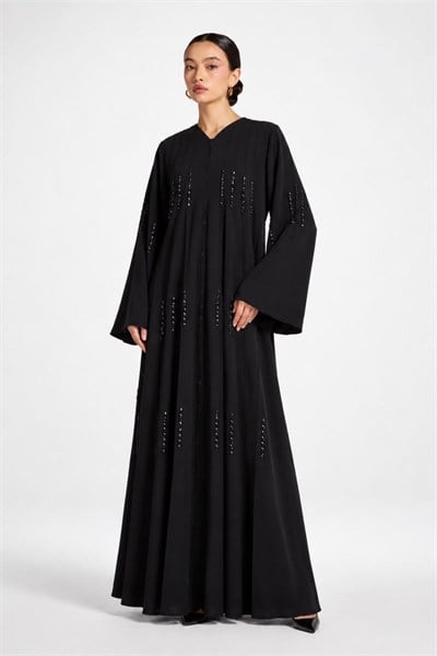 Dubai İpeği İnce Taş İşlemeli Siyah Abaya