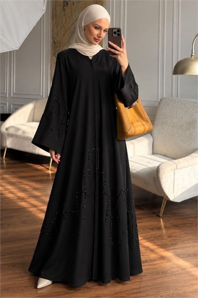Dubai İpeği Taşlı El İşleme Siyah Abaya