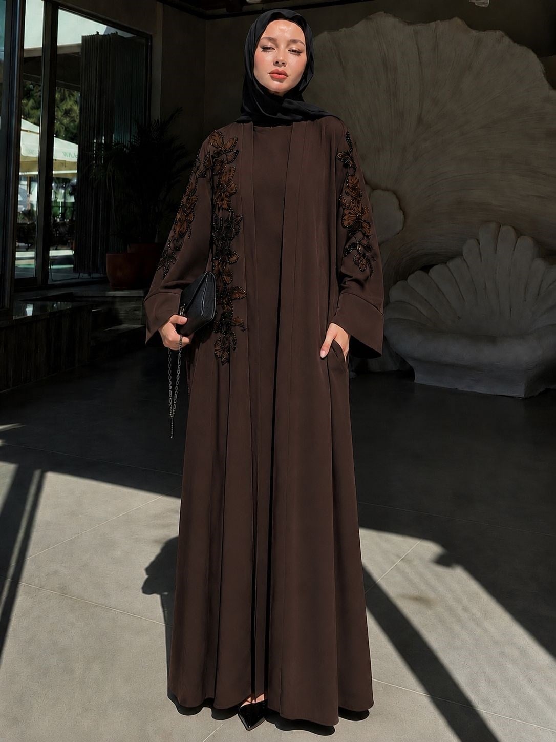 Abraham Saten Nakış Detaylı Abaya Elbise