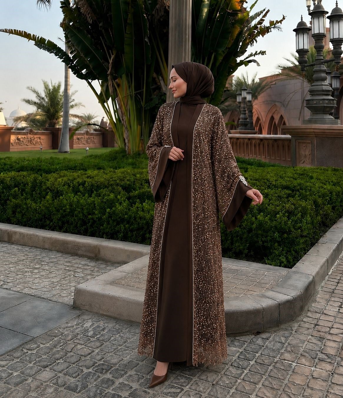 Abraham Saten Payet İşlemeli Özel Tasarım Abaya
