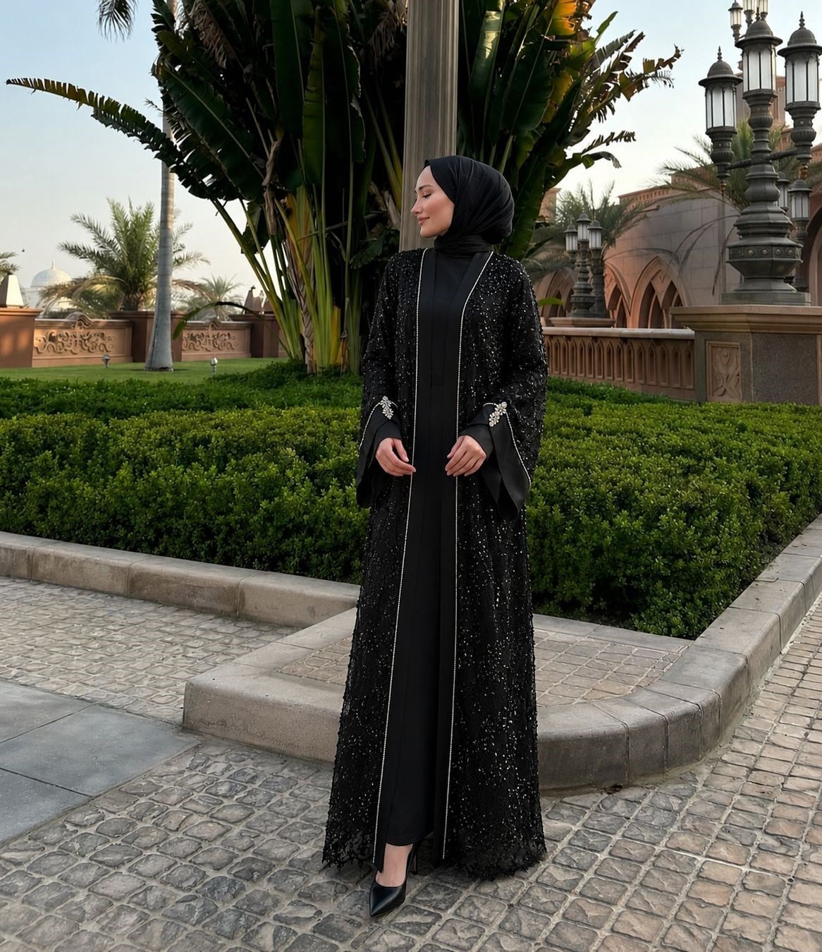 Abraham Saten Payet İşlemeli Özel Tasarım Abaya