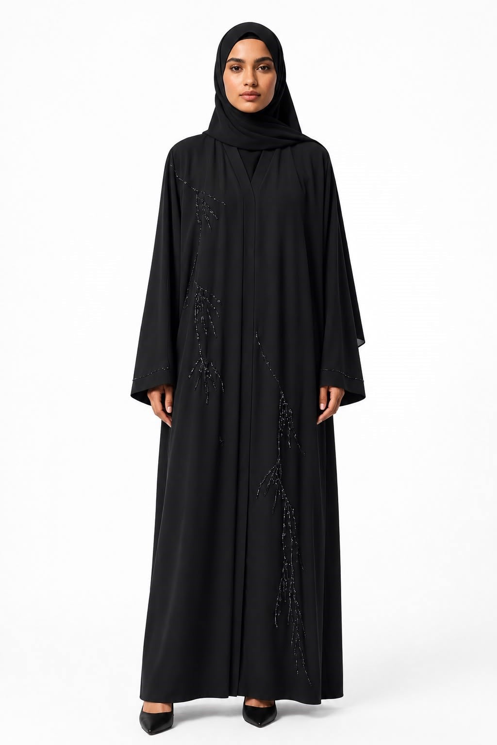 Dubai İpeği Özel Kasnak İşlemeli Ferace / Abaya