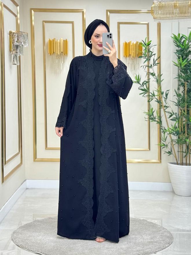 Feriha Fransız Dantelli Abaya Takım Siyah