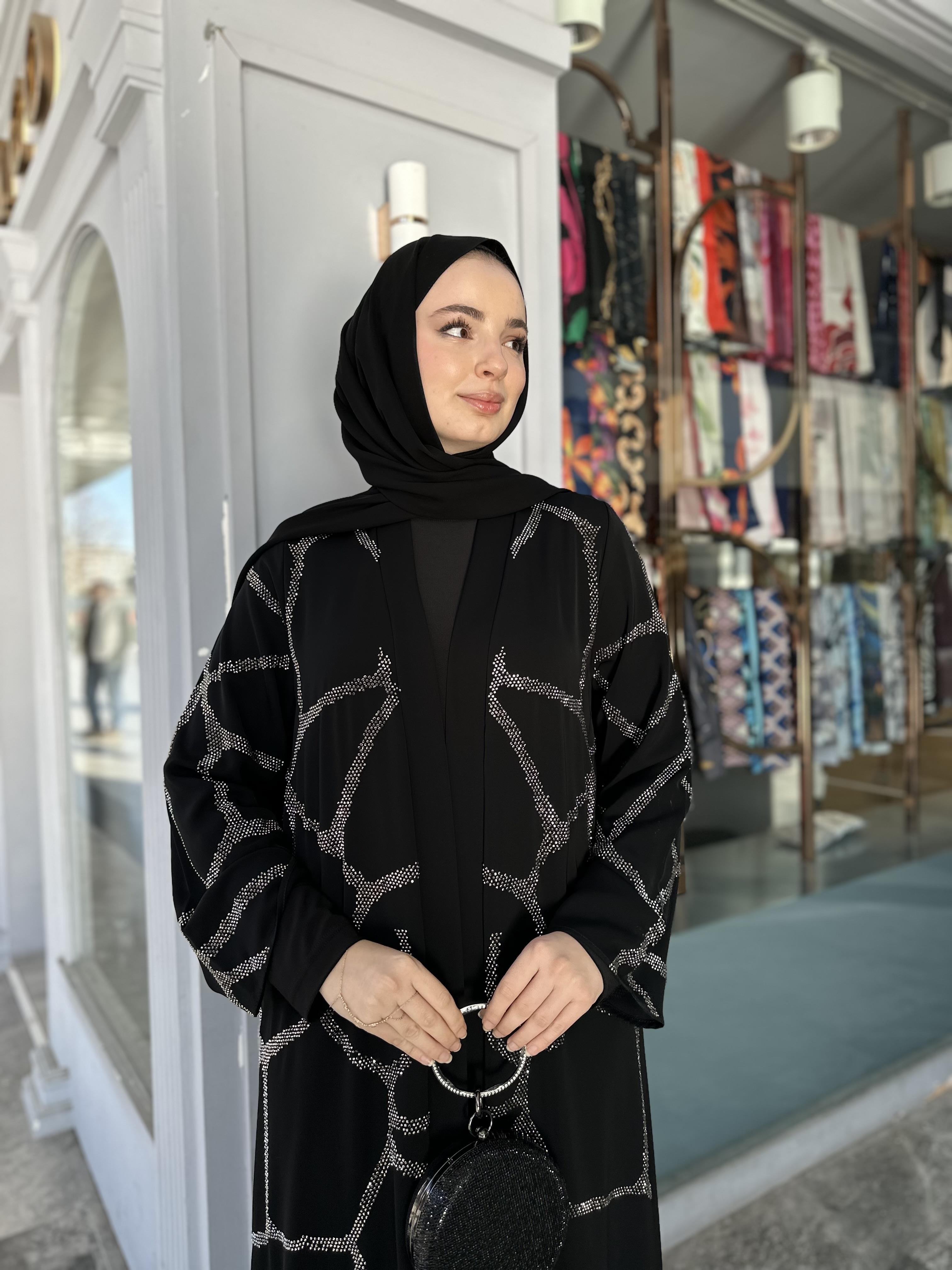 Gümüş taş desenli abaya takım