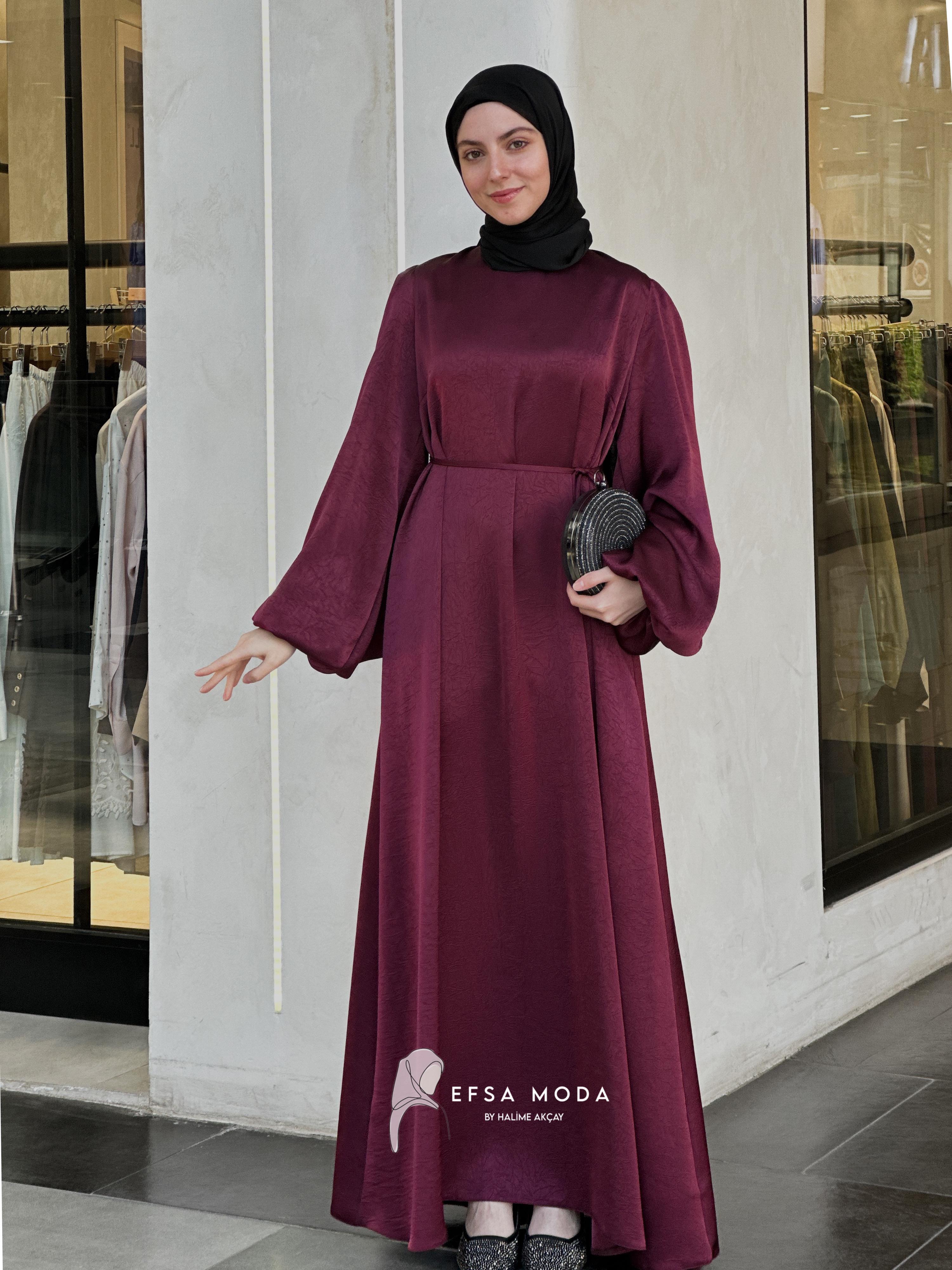 KREP SATEN ELBİSE BORDO