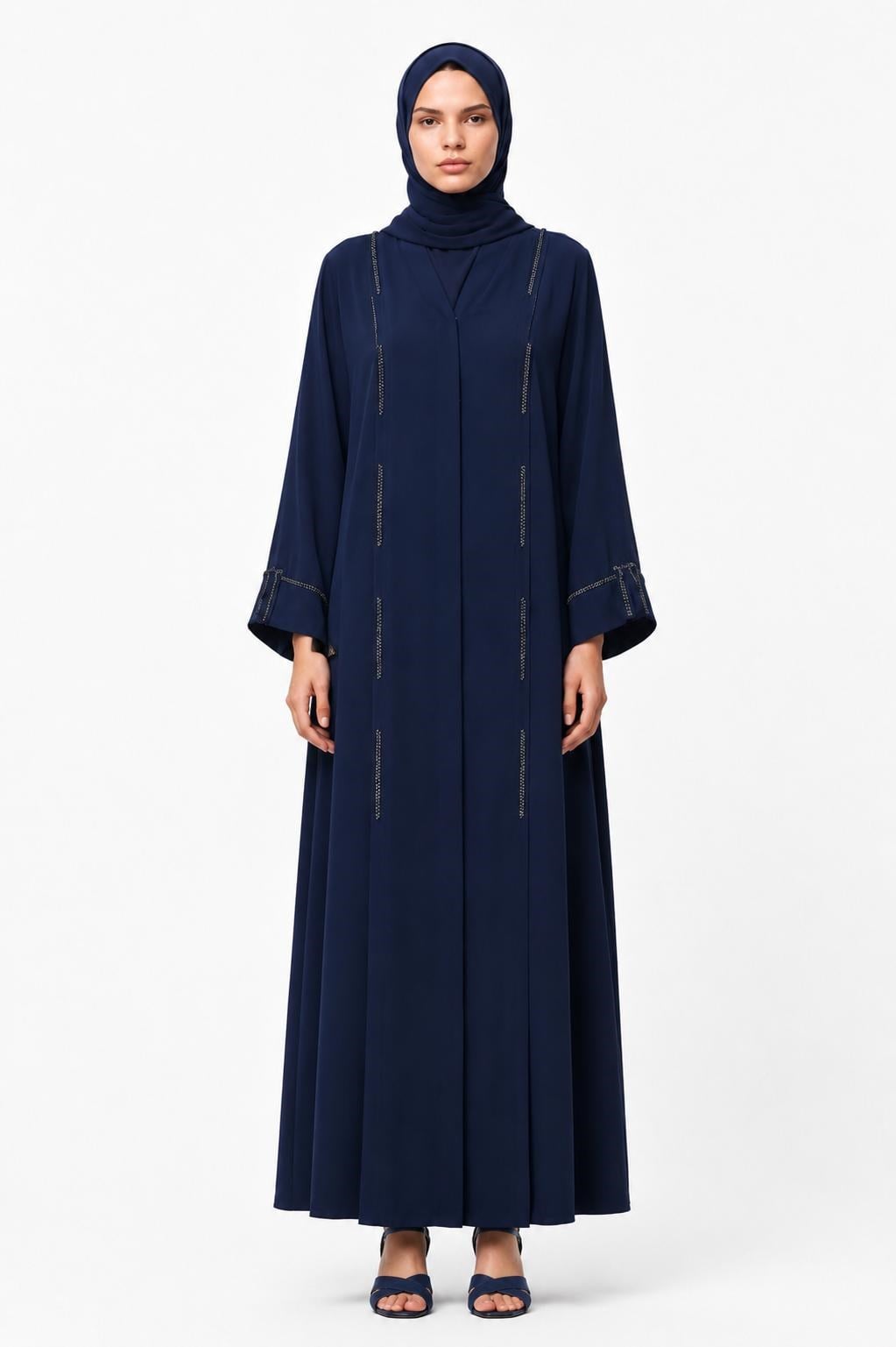 Lacivert Dubai İpeği Minimal Taş Detaylı Abaya
