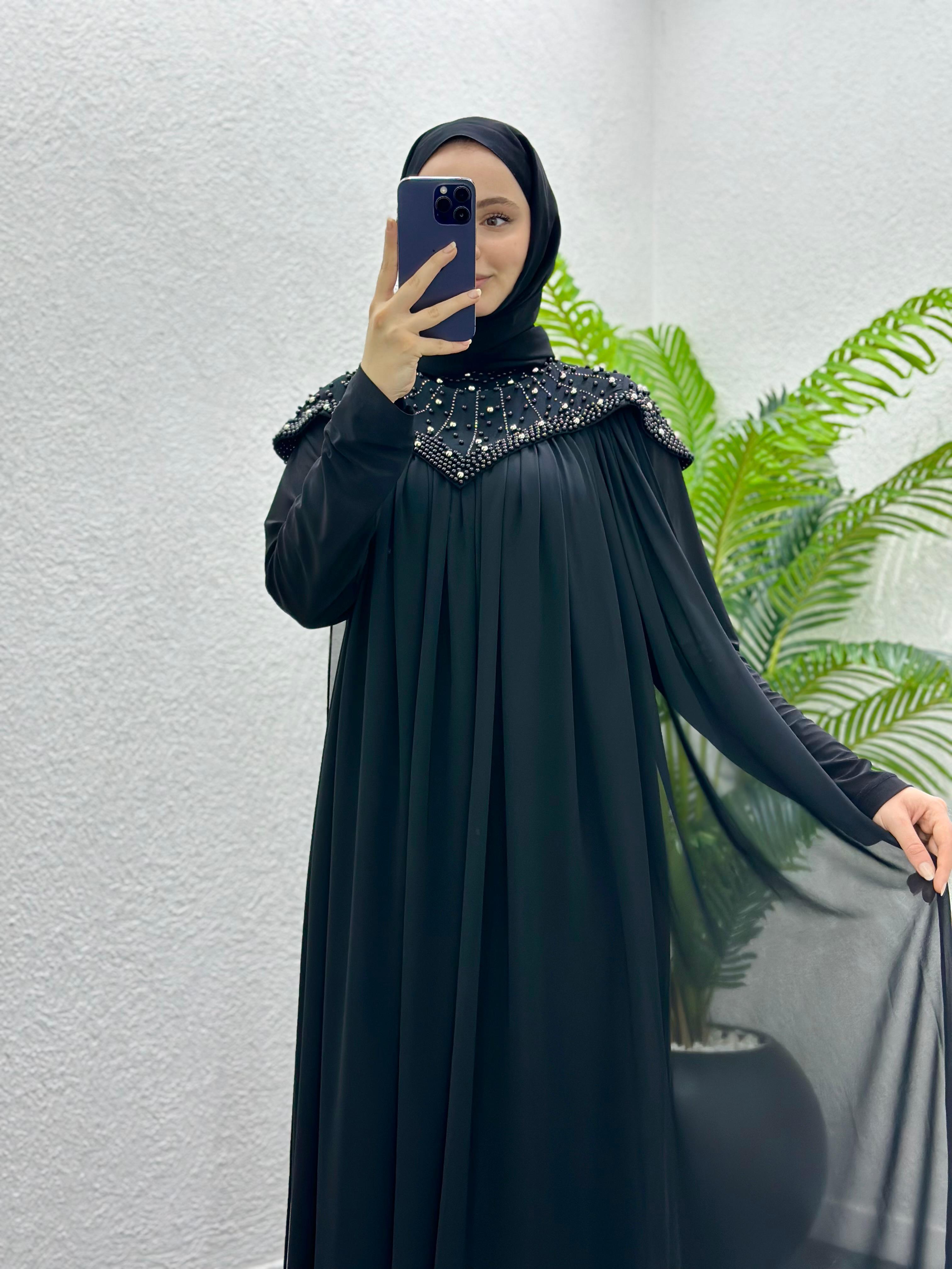 SELENA SİYAH İNCİLİ ELBİSE