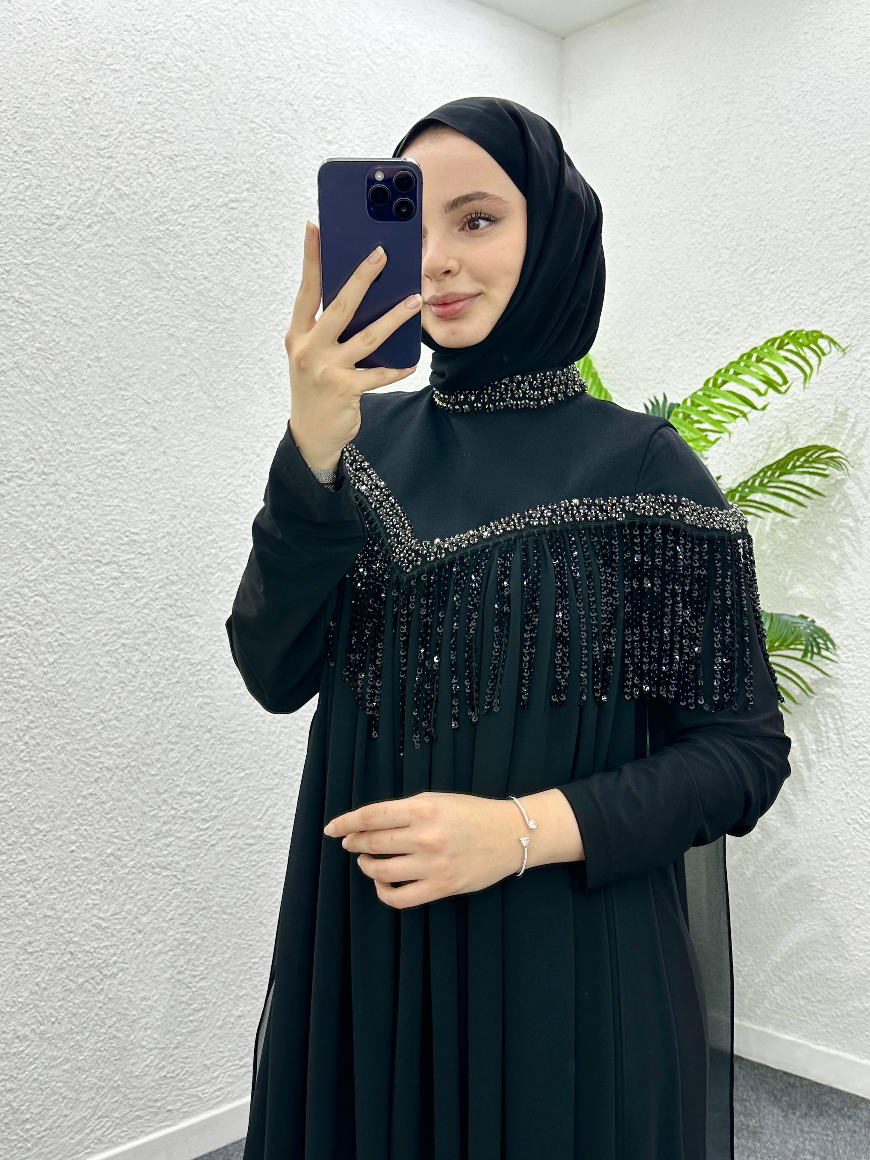 SELENA SİYAH SAÇAKLI ELBİSE