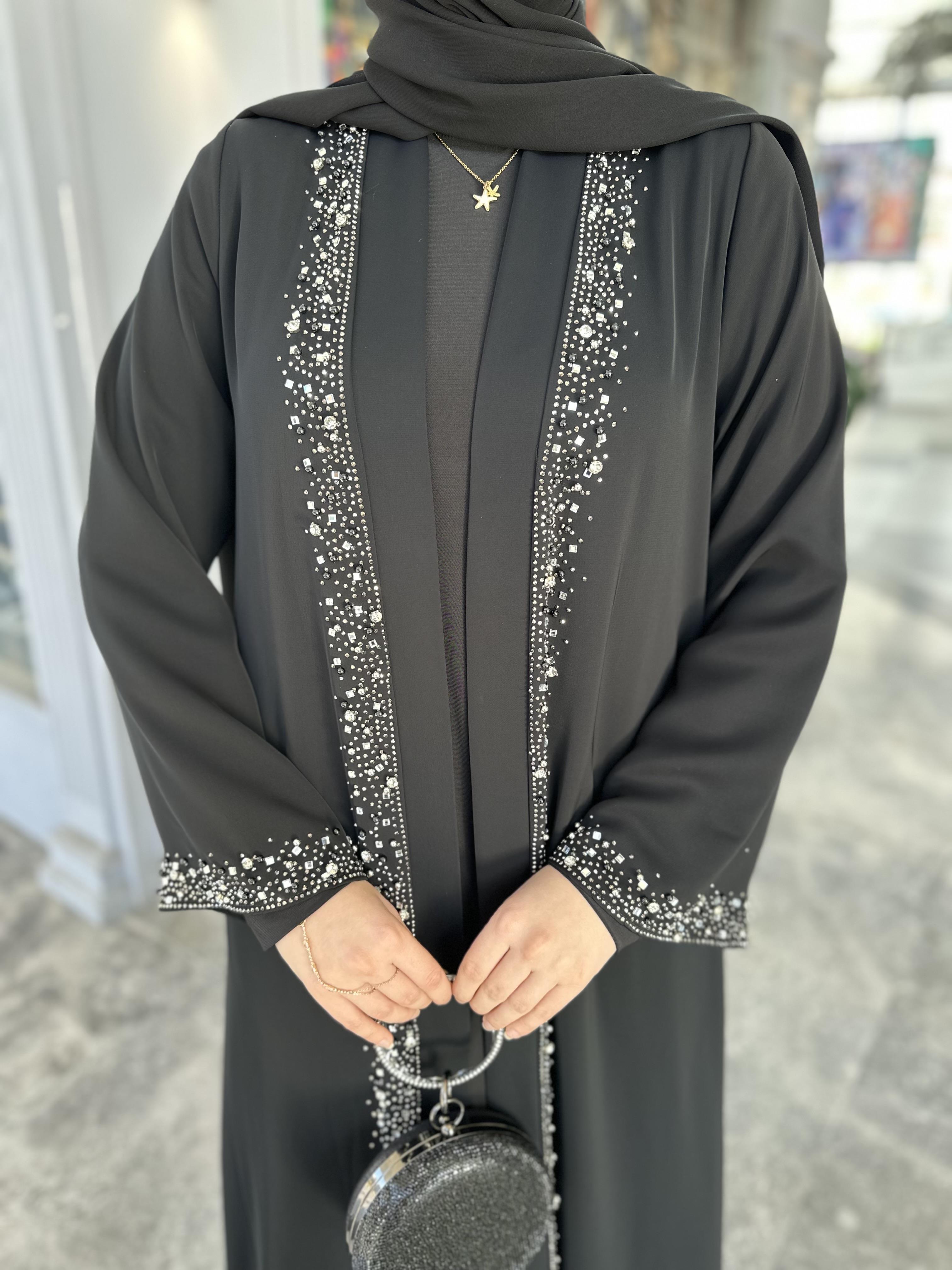 Şerit taşlı abaya takım