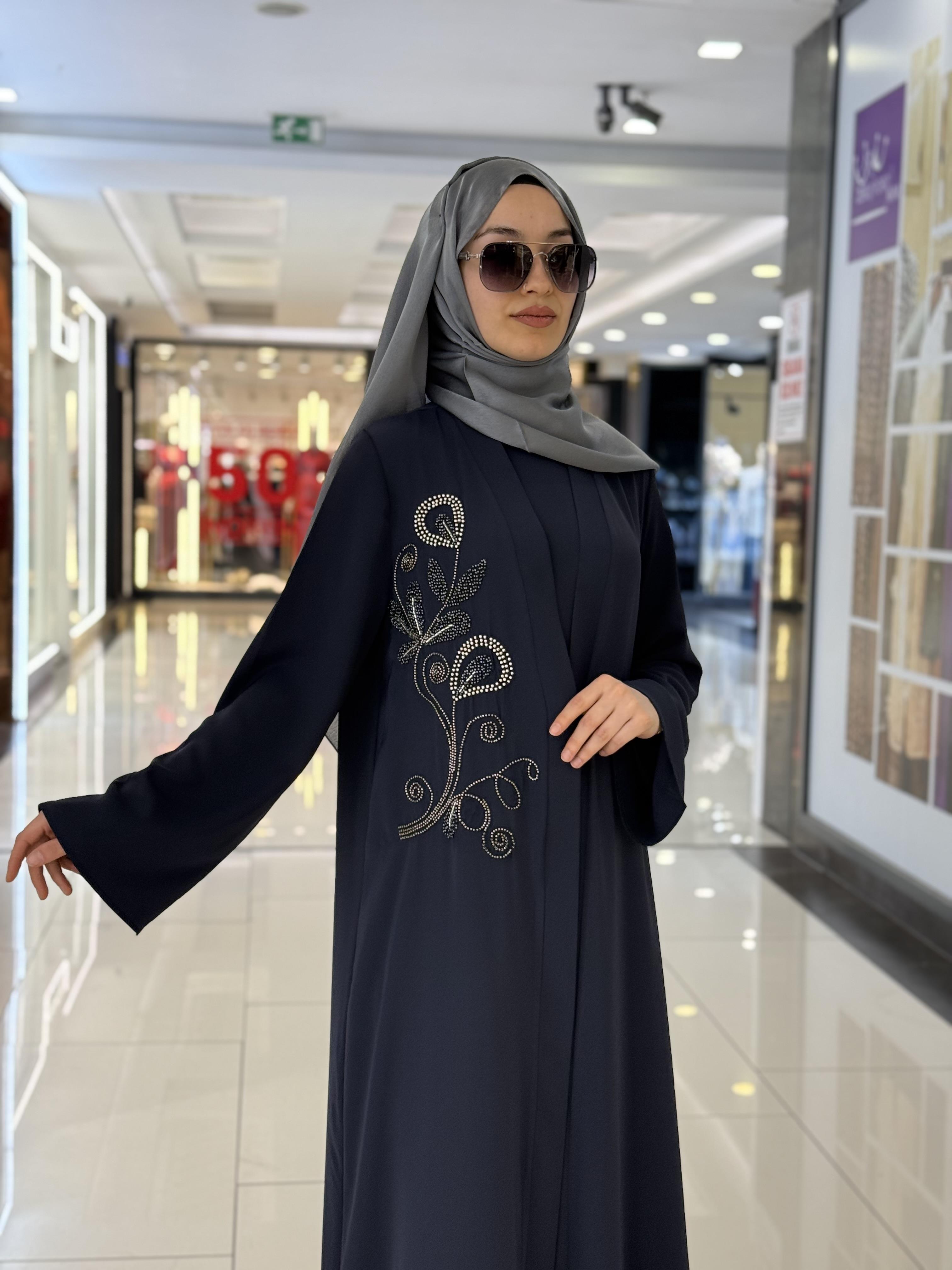 YAKASI İŞLEMELİ ABAYA TAKIM LACİVERT