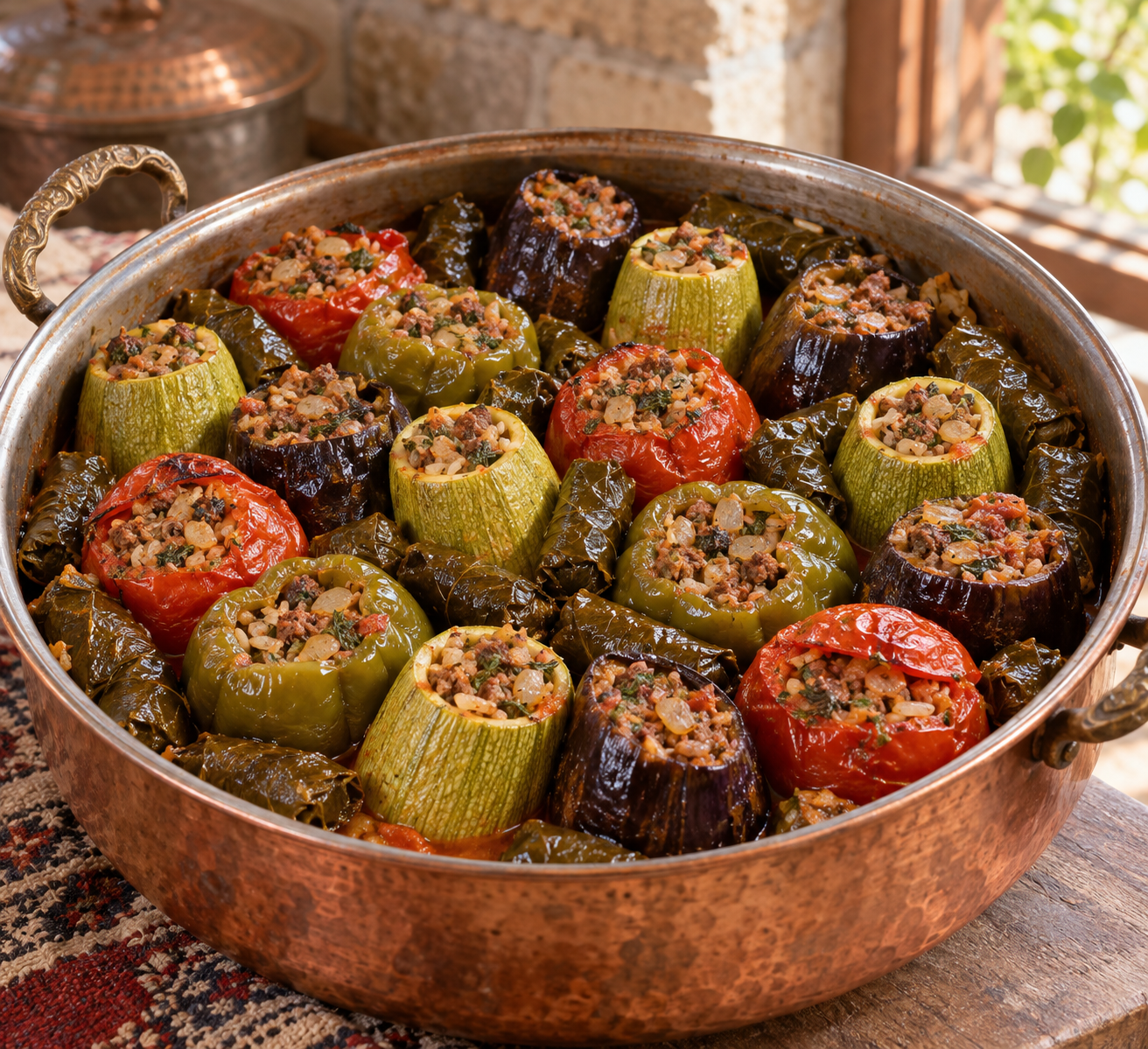 Antep Allı Yeşilli Dolma,patlıcan kabak biber domates ve yaprak sarması