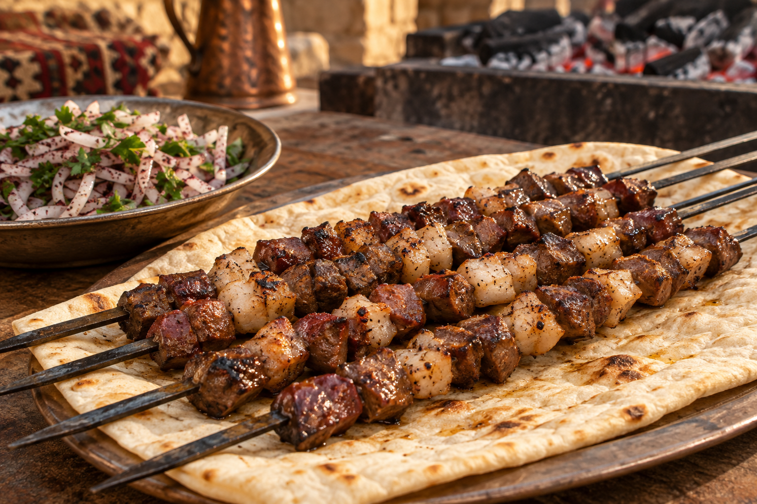 Gaziantep cağırtlak kebabı,kömür ateşinde pişmiş sakatat şişleri