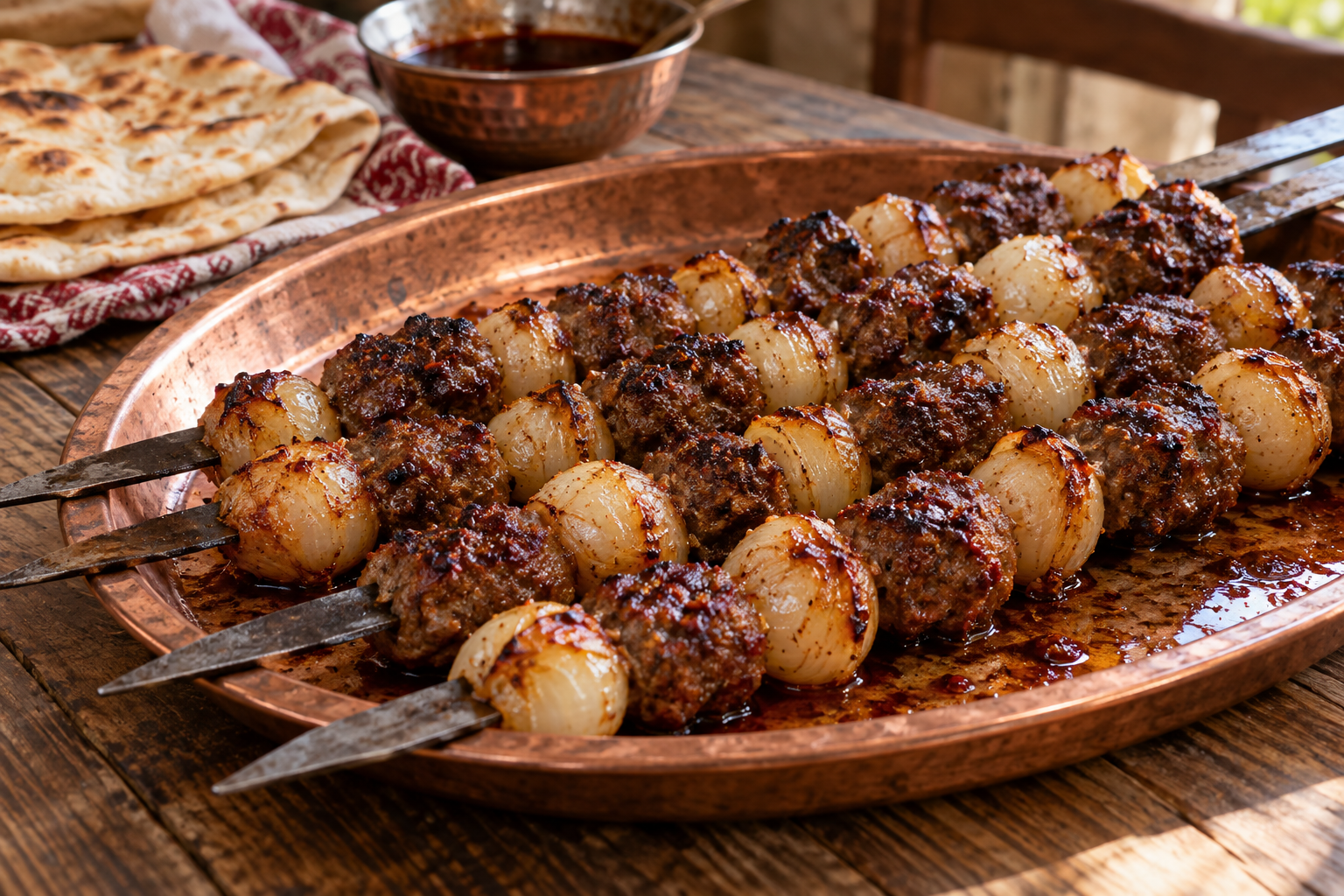 Gaziantep soğan kebabı şişte pişmiş küçük soğan ve köfte
