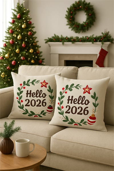45x45 cm Nakışlı Kalın Kumaş Yeni Yıl Temalı 2li Kırlent Kılıfı – YeniYıl2026 – Dekoratif Yastık Kılıfı