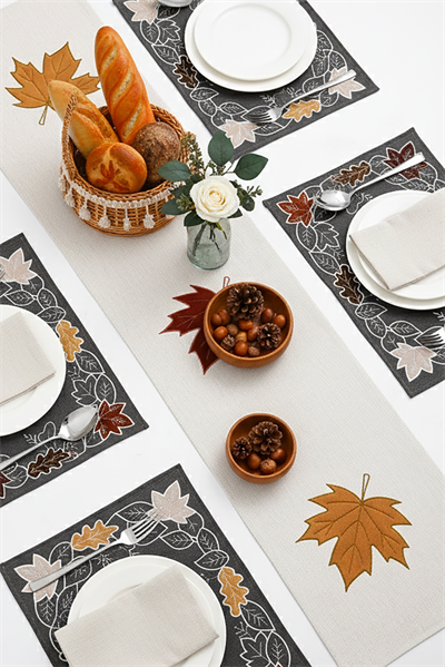 Kadife Nakışlı Kalın Keten Runner ve 6lı Amerikan Servis Takımı | Lüks Sofra Takımı 35x180 Runner+30x45 Servis