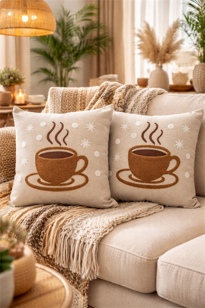 Keten Punch İşlemeli Kırlent Kılıfı 43x43 cm – El İşçiliği Panç Desen & Püskül Detaylı Yastık Kılıf