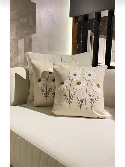 Keten Punch İşlemeli Kırlent Kılıfı 43x43 cm – El İşçiliği Panç Desen & Püskül Detaylı Yastık Kılıf