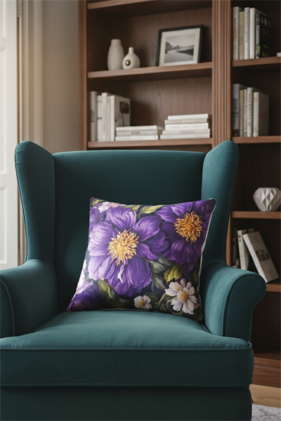 Mor Menekşeler desenli  Dijital Dokuma 2li Kırlent Kılıfı  veformdijiflowers26